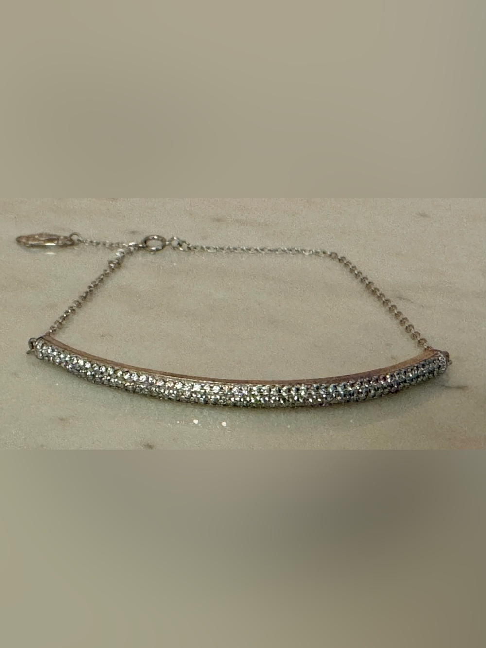 Sterling Silver Pavé Crystal Bar Bracelet on Delicate Chain with Filigree Tag